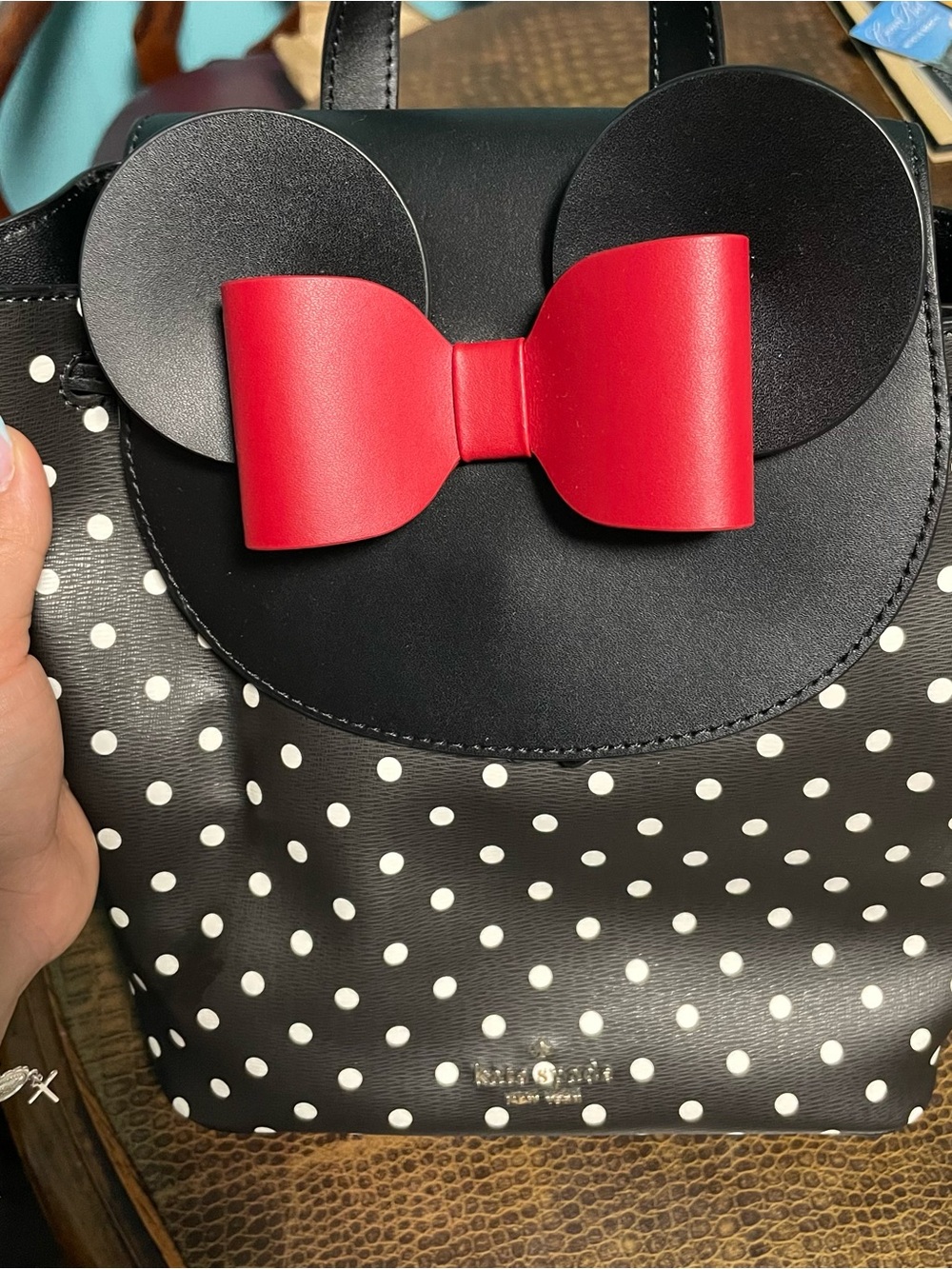 kate spade Black Polka Dot Backpack with Red Bow Accent